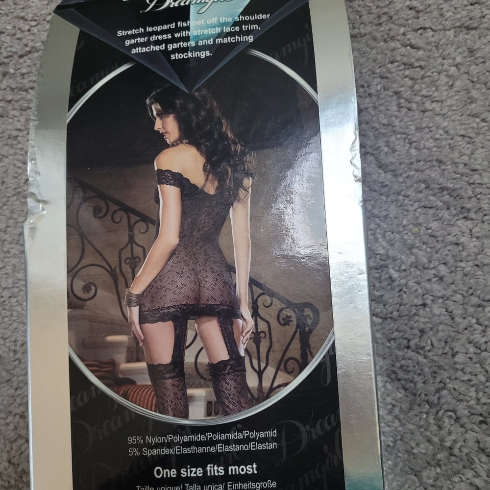 Black Lace Off-Shoulder Garter Dress with Stockings